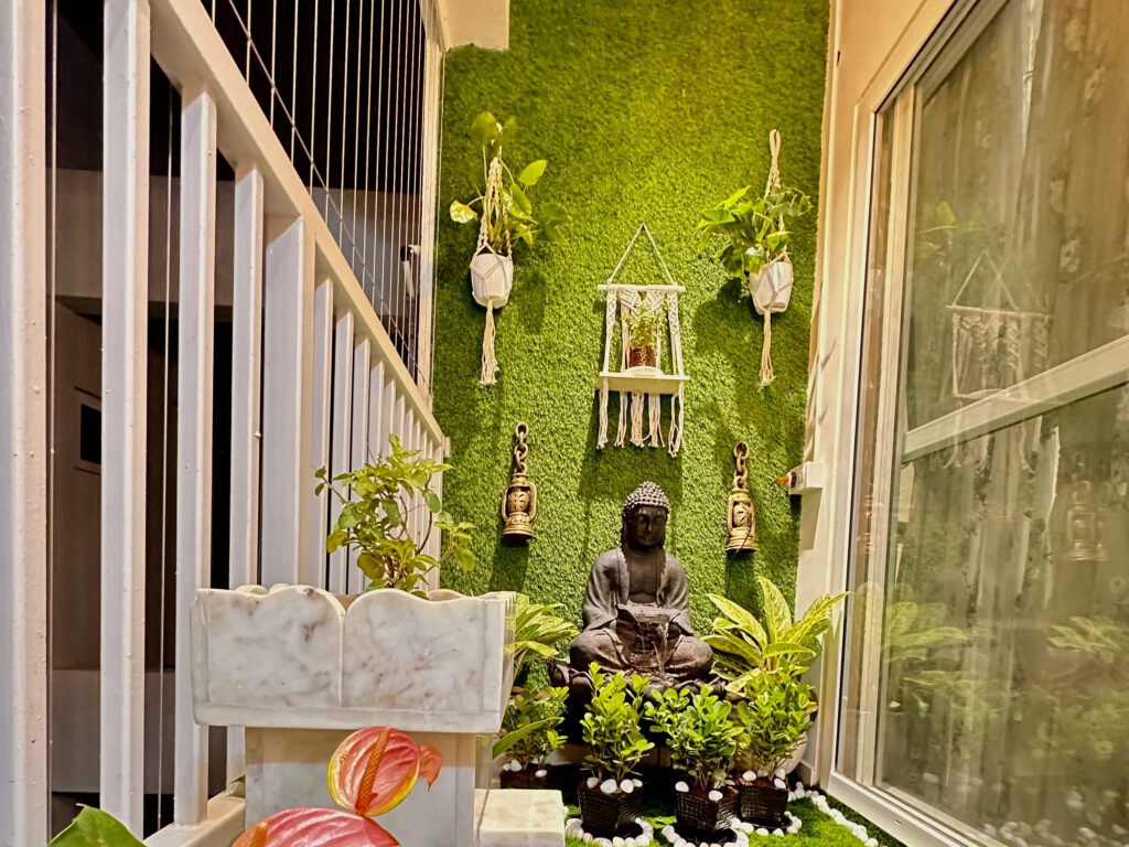 Customized balcony design Hyderabad with stylish seating and modern decor.
