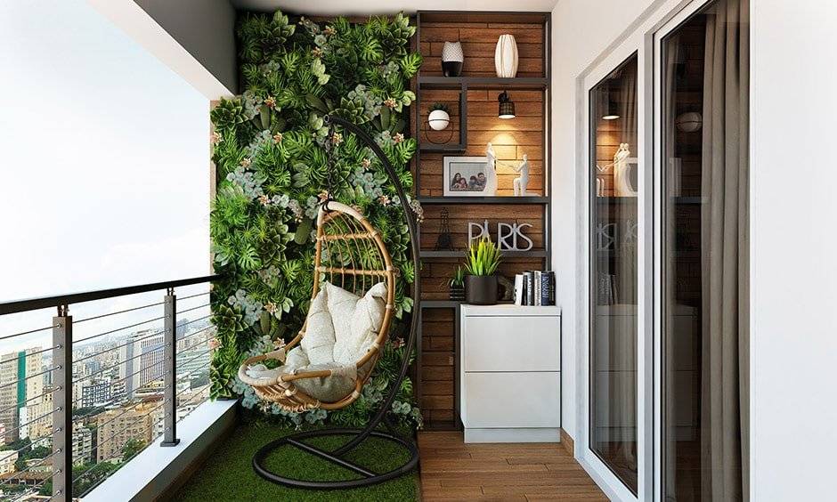 Balcony sitting area design Hyderabad with modern seating and plants.