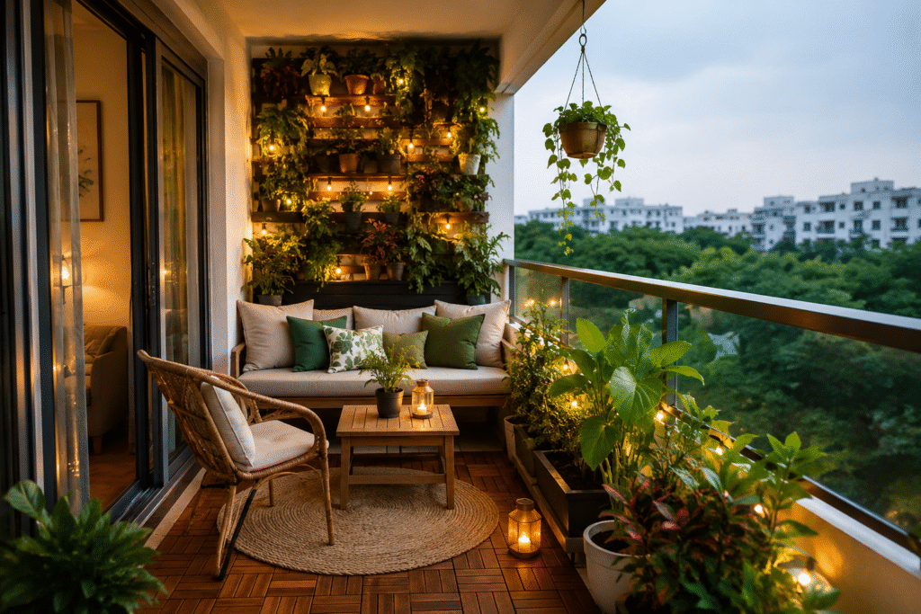 Balcony Living Space Ideas with cozy seating and lush plants.