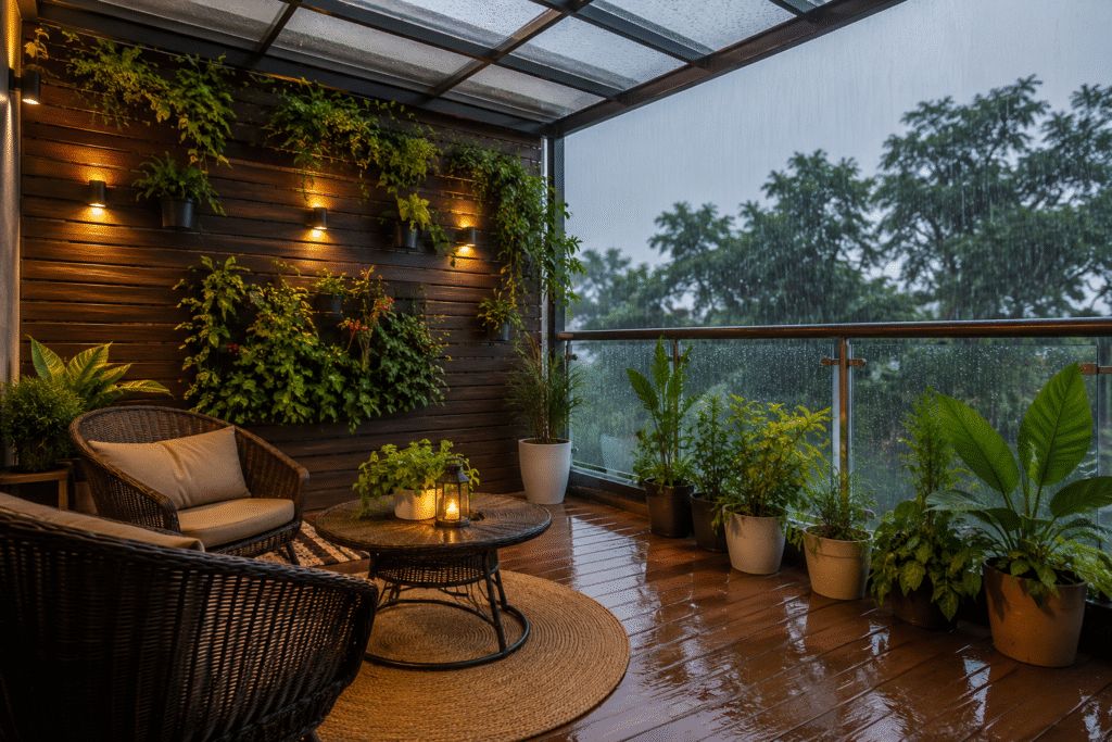 **Alt Text:** Monsoon-Proof Balcony Design Tips featuring covered seating, waterproof flooring, and lush plants.