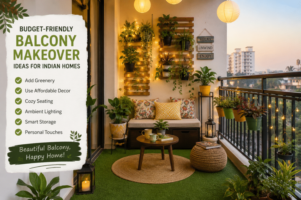 Budget-Friendly Balcony Makeover Ideas for Indian Homes featuring artificial grass, vertical garden, cozy seating, decorative lighting, and modern balcony decor for apartment living.