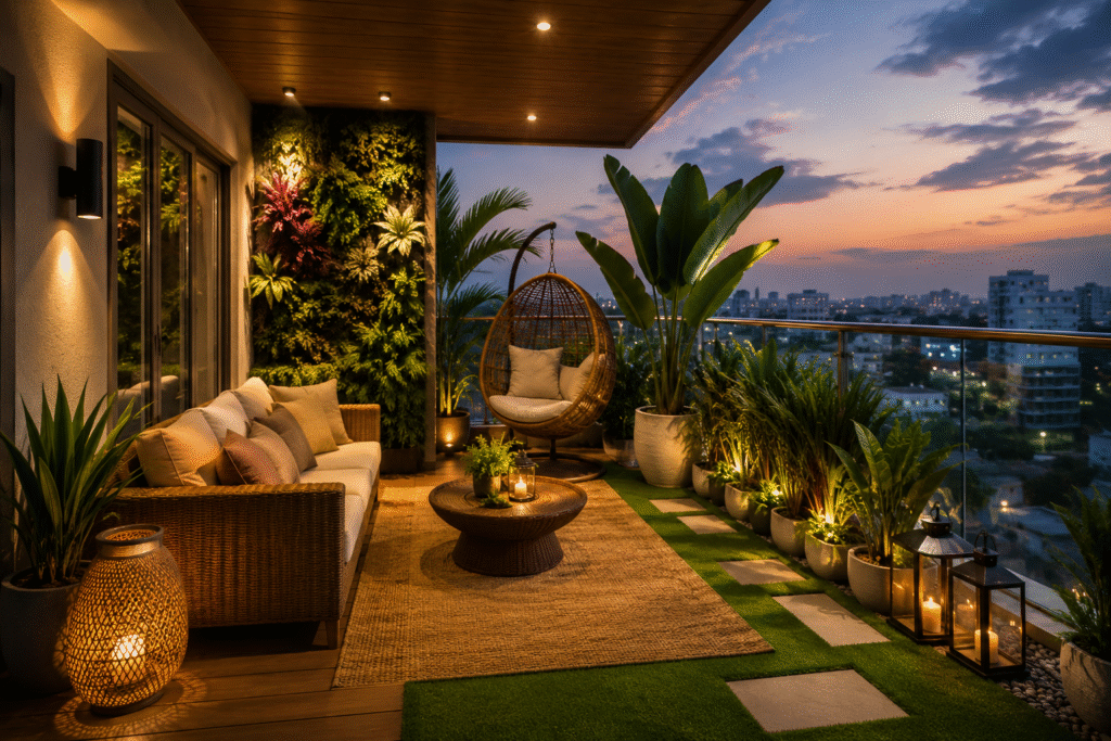 Luxury Resort Style Balcony Design with greenery, lighting, seating, elegance.