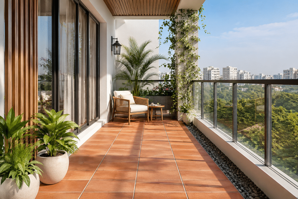Balcony flooring design featuring terracotta tiles, plants, and sunlight
