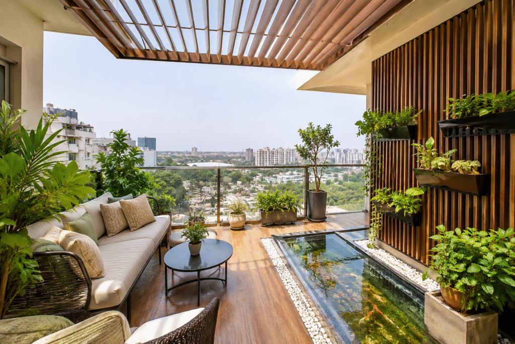 Luxury balcony makeover Hyderabad with weatherproof design and outdoor living.