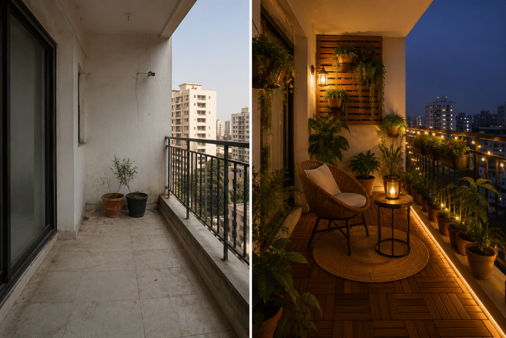 Balcony makeover mistakes fixed with smart lighting, furniture, and greenery.