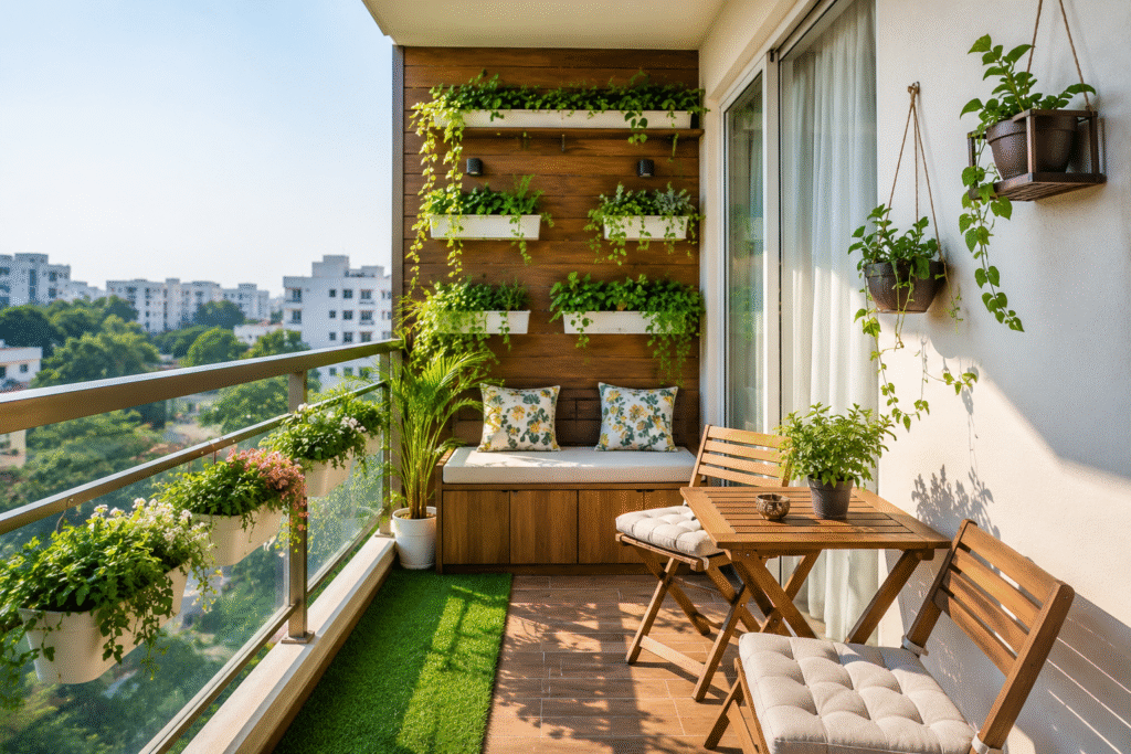 Small balcony design ideas with vertical garden and space-saving furniture in Hyderabad apartment.