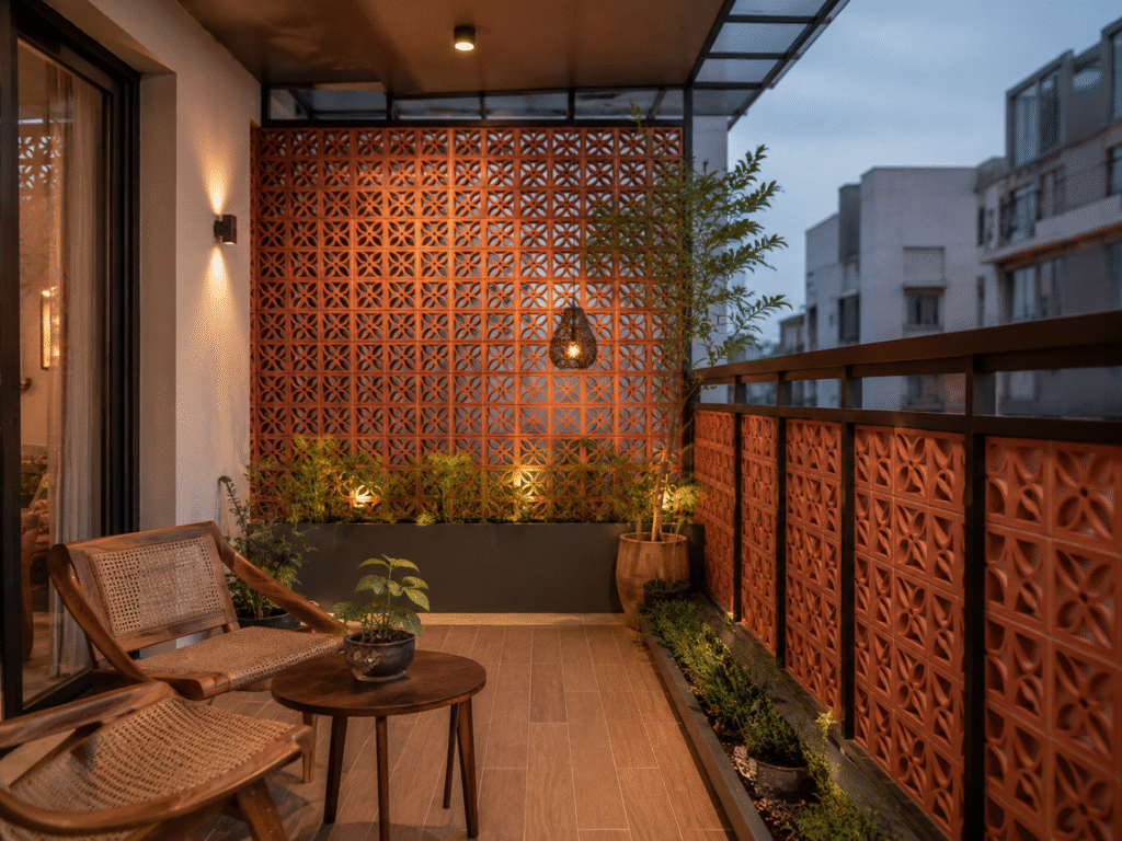 Terracotta Jail Designs for Modern Balconies with elegant outdoor seating