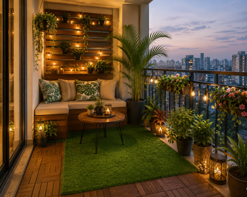 Apartment balcony design with cozy seating, greenery, artificial grass, and lighting.