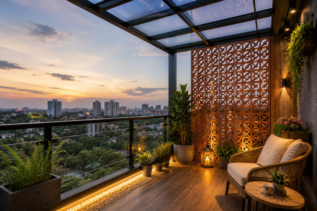 Modern Balcony Design Hyderabad featuring stylish glass roof and relaxing space