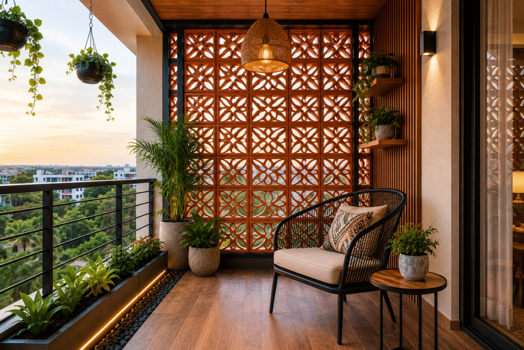 Terracotta jail balcony design with premium balcony renovation materials, modern metal fabrication, and elegant outdoor living space transformation.