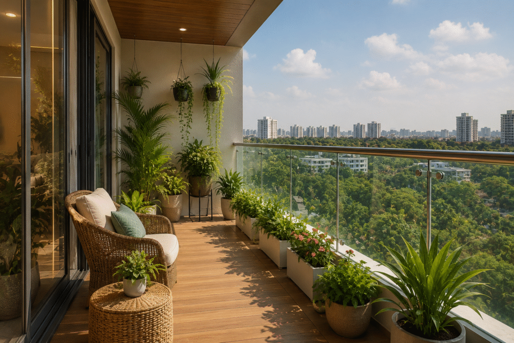 Glass Balcony Design with Balcony Plants and Green Balcony Makeover