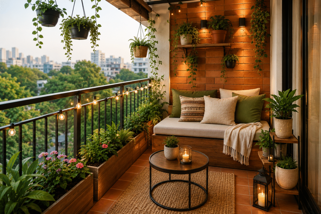 Modern Balcony Design with stylish seating, greenery, and elegant decor for a relaxing outdoor retreat.
