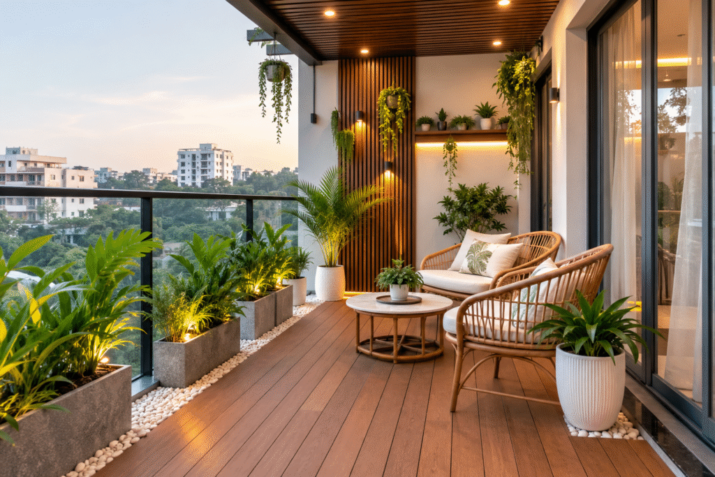 Weather-Resistant Balcony Materials with wooden decking and modern outdoor seating