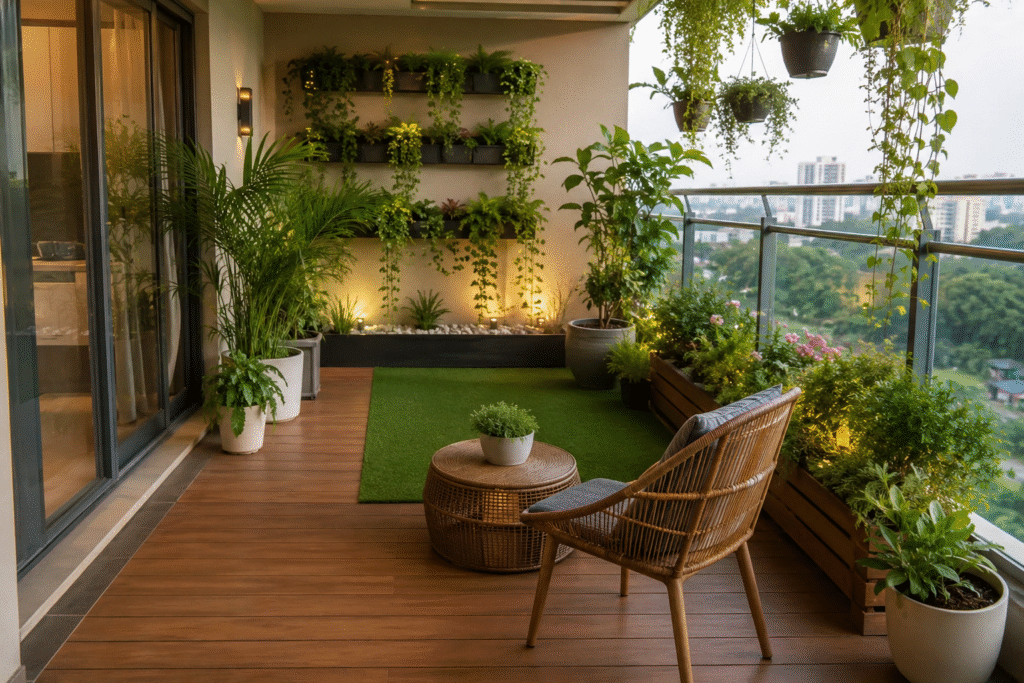 Low-Maintenance Balcony Garden with wooden decking, lush plants, and modern seating