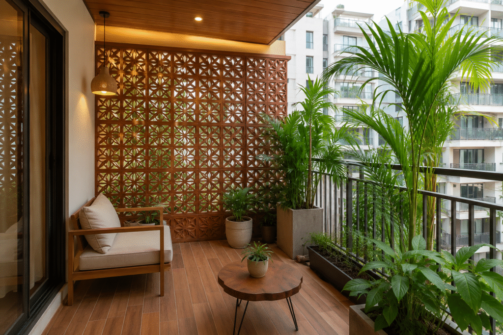 Terracotta in Modern Balcony Design with stylish jail and greenery
