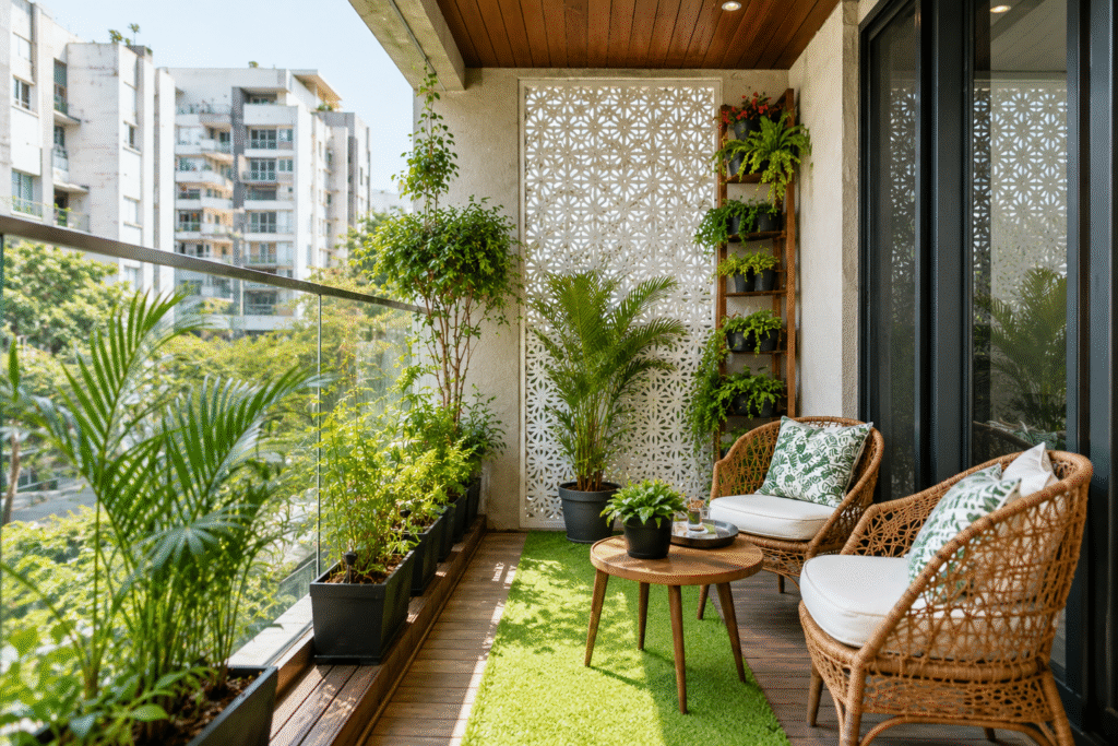 Balcony Makeover with greenery, cozy seating, artificial grass, and décor.