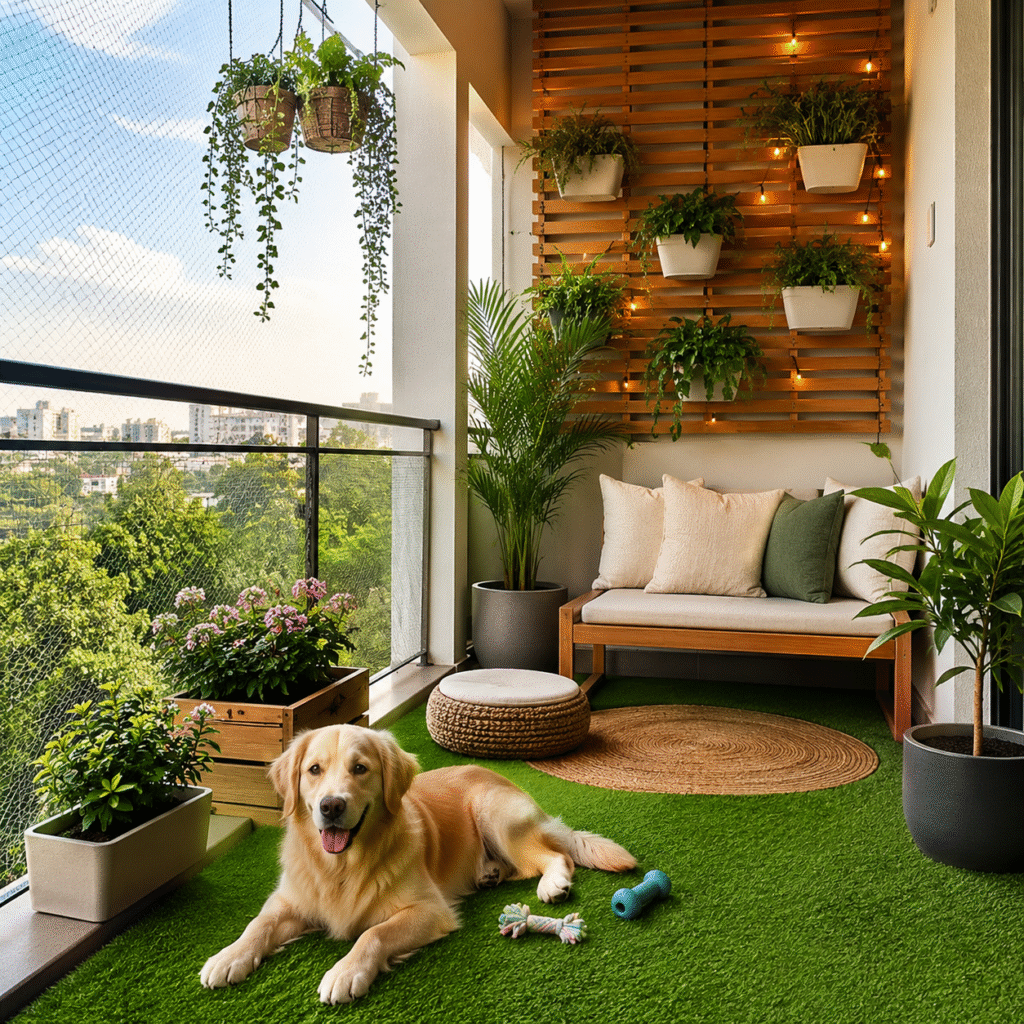 Pet-Friendly Balcony with greenery, cozy seating, and playful dog.