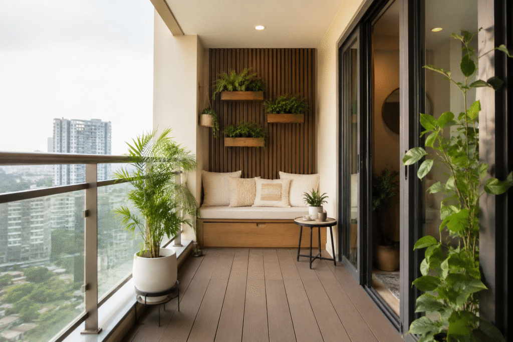 Small Balcony Design with modern seating, greenery, and space-saving layout