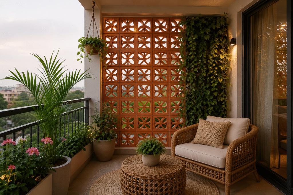 Balcony Privacy Ideas with terracotta jail and modern seating