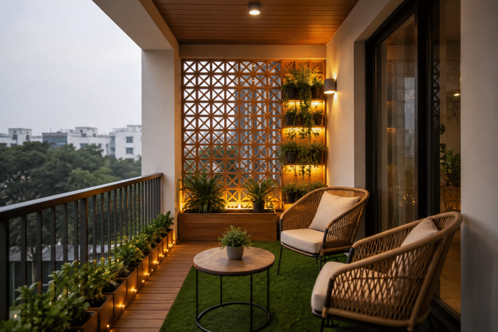 Budget Balcony Makeover with wooden decking, artificial grass, and modern seating