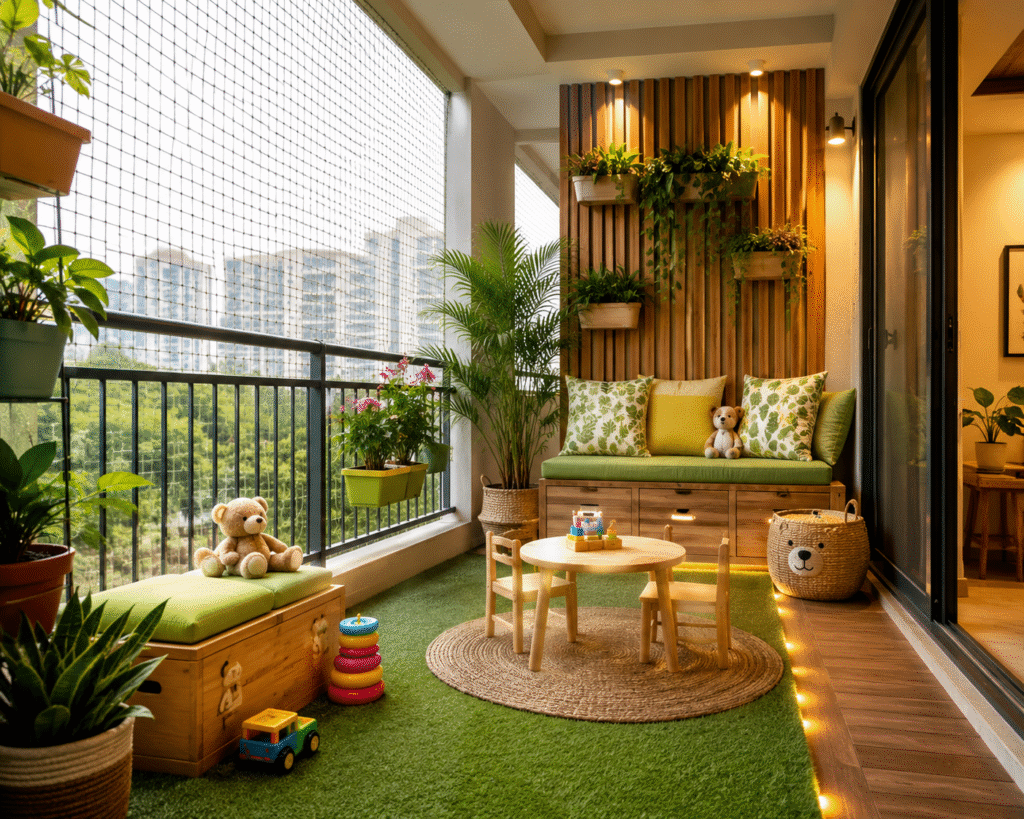 Kids Friendly Balcony Design with safe play area and modern balcony decor