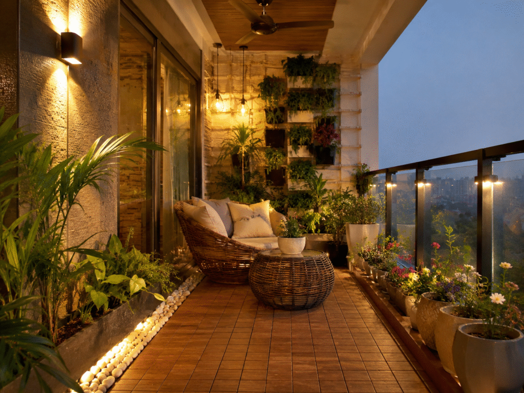Balcony Theme Ideas featuring a modern stylish balcony with cozy outdoor décor
