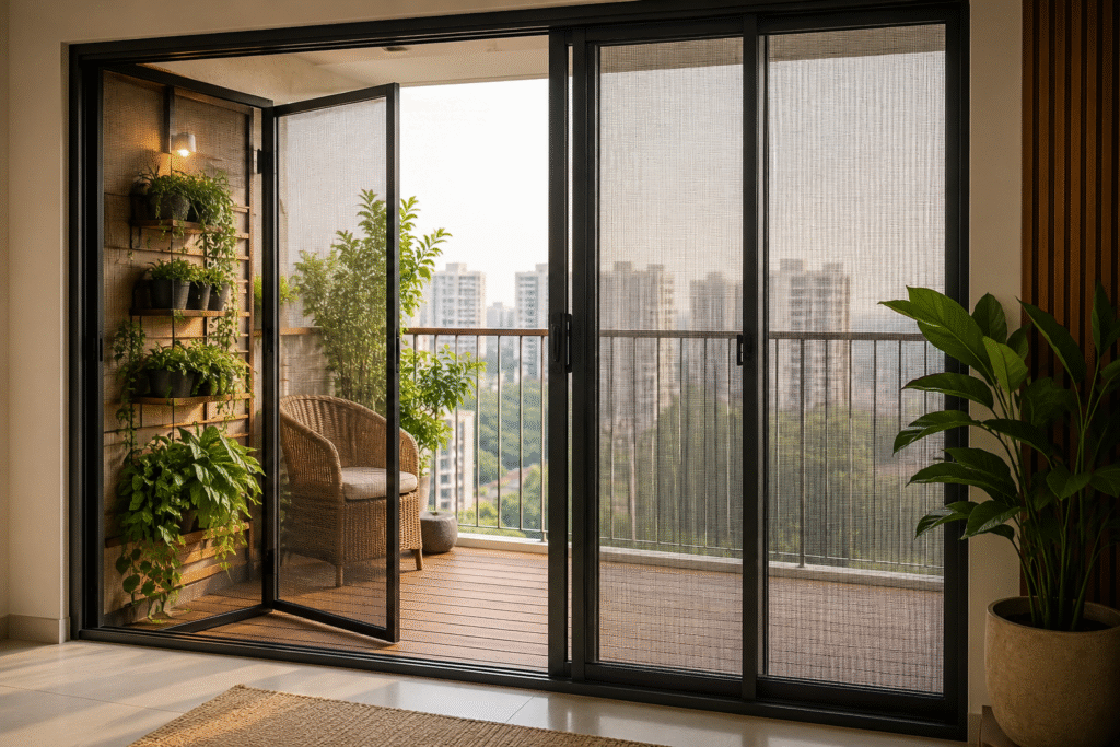 Aluminium Mesh Door installed on a modern balcony for ventilation and protection