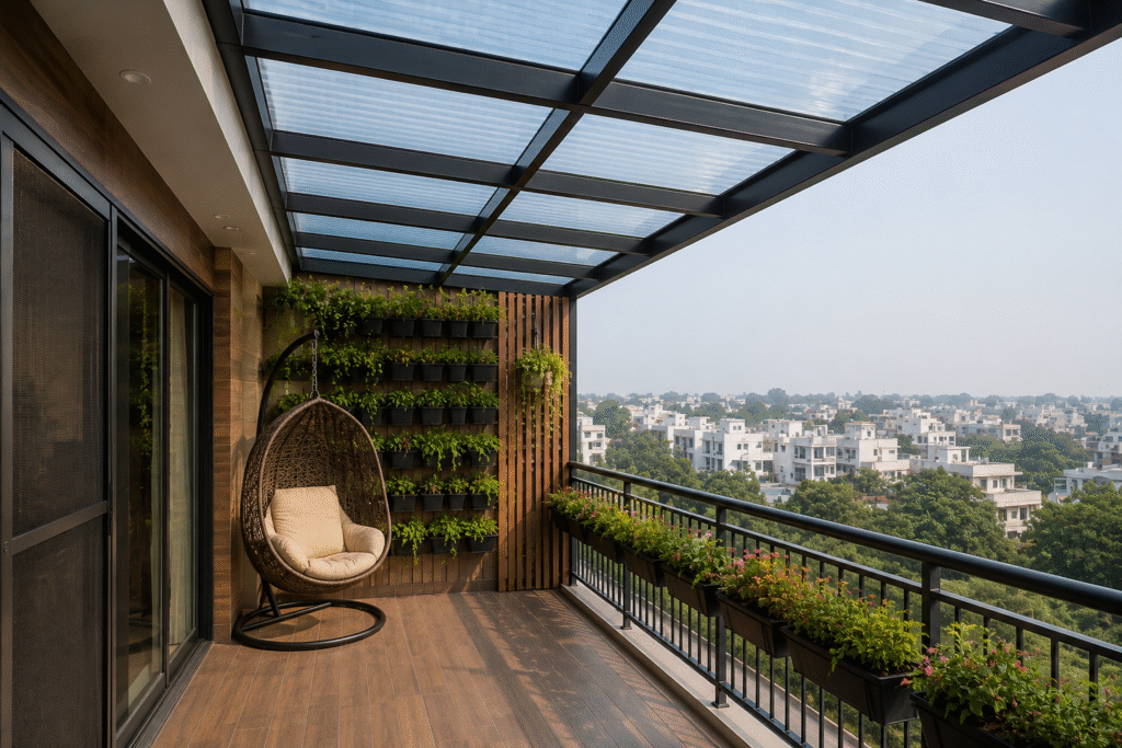 Polycarbonate Roofing for Balcony protecting modern outdoor space from rain and sunlight