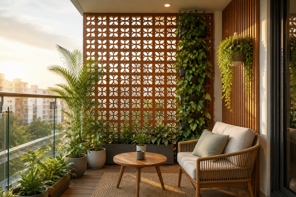 Modern balcony showcasing Balcony Privacy Solutions with greenery, screens, and natural light.