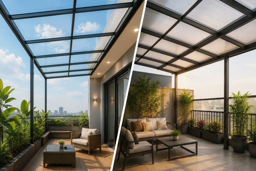 Glass Roofing vs Polycarbonate Roofing comparison for modern balcony design
