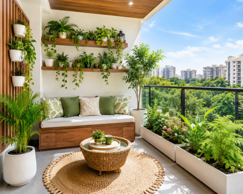 Balcony Makeover Planning with modern outdoor seating, greenery, and stylish balcony design
