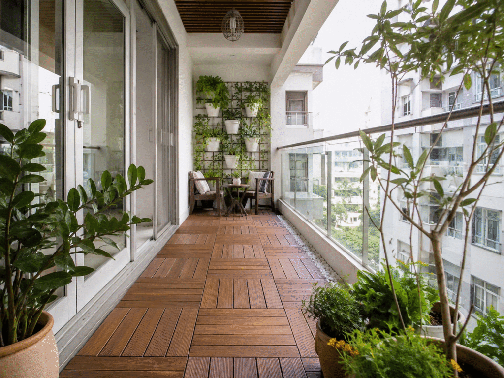 Hyderabad Balcony Design Trends featuring modern balcony with greenery and wooden decking