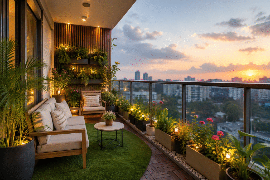 Luxury balcony makeover showcasing Balcony Makeover Property Value with modern outdoor seating and greenery.