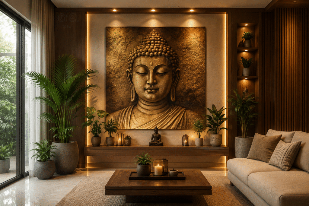 Buddha Wall Art for Home with indoor plants, warm lighting, and a peaceful modern living room interior