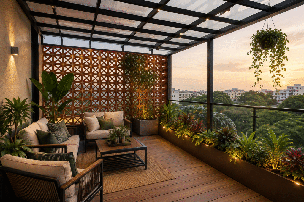 Weatherproof Balcony Design with transparent roofing, metal pergola, Terracotta Jali privacy screen, natural light, and greenery