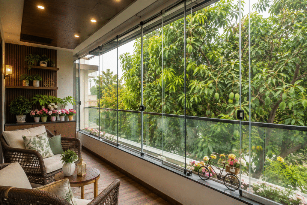 Glass Balcony Design Hyderabad with sliding glass windows, natural light, lush greenery, and comfortable outdoor seating