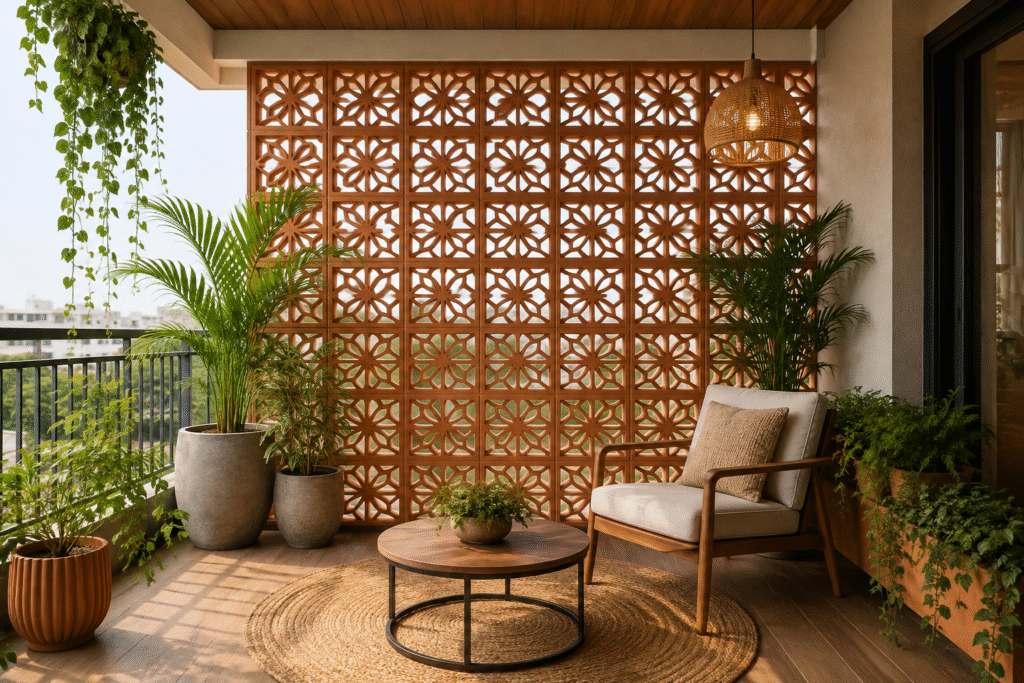 Terracotta Jali for Balcony Privacy with a stylish patterned screen, natural light, lush greenery, and comfortable outdoor seating.