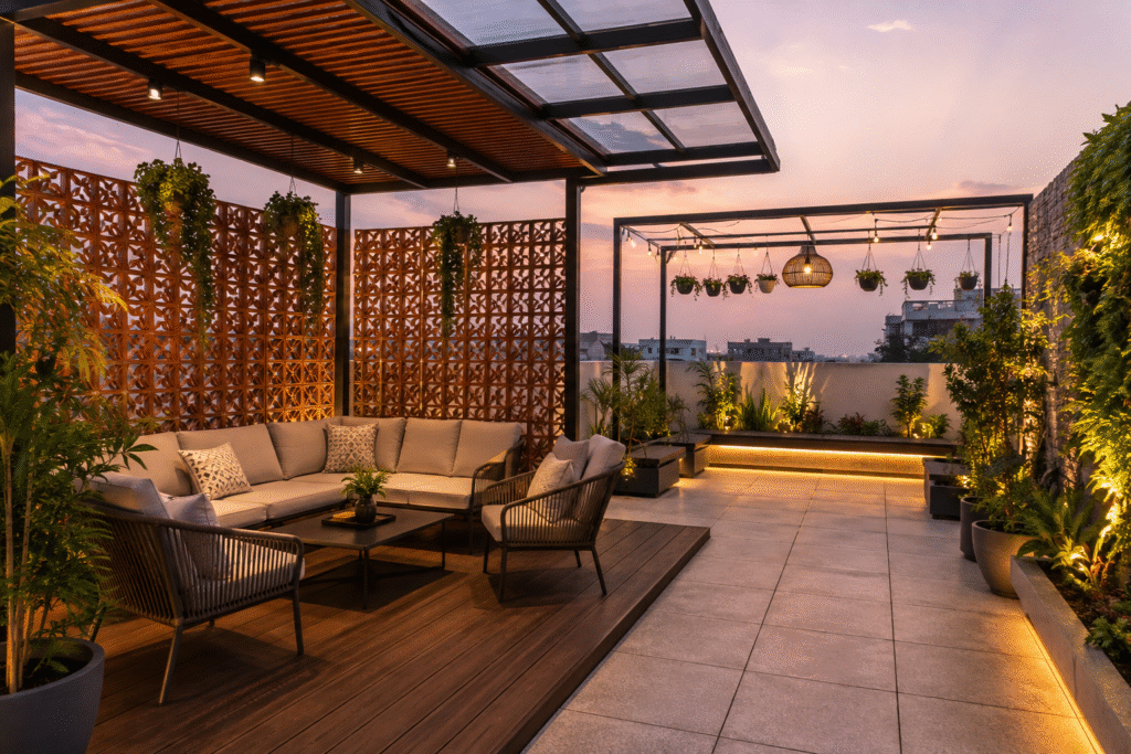 Terrace Makeover Hyderabad featuring a modern pergola, outdoor lounge seating, Terracotta Jali privacy walls, lush greenery, and warm ambient lighting at sunset.