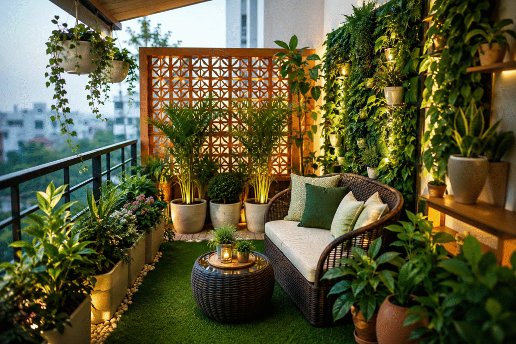 Green Balcony Design Hyderabad featuring lush vertical gardens, artificial grass, terracotta Jali privacy screen, stylish outdoor seating, and warm ambient lighting.