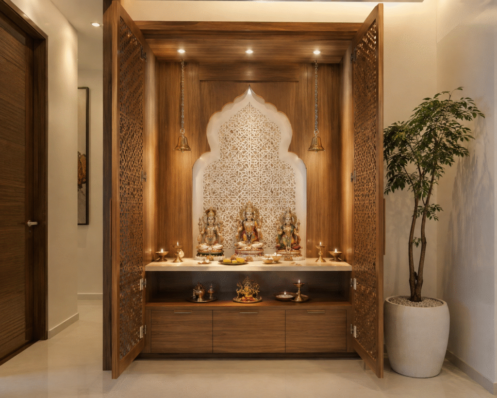 Pooja Room Design Hyderabad featuring a custom wooden Mandir, decorative Jali panels, warm lighting, brass bells, and elegant prayer decor.