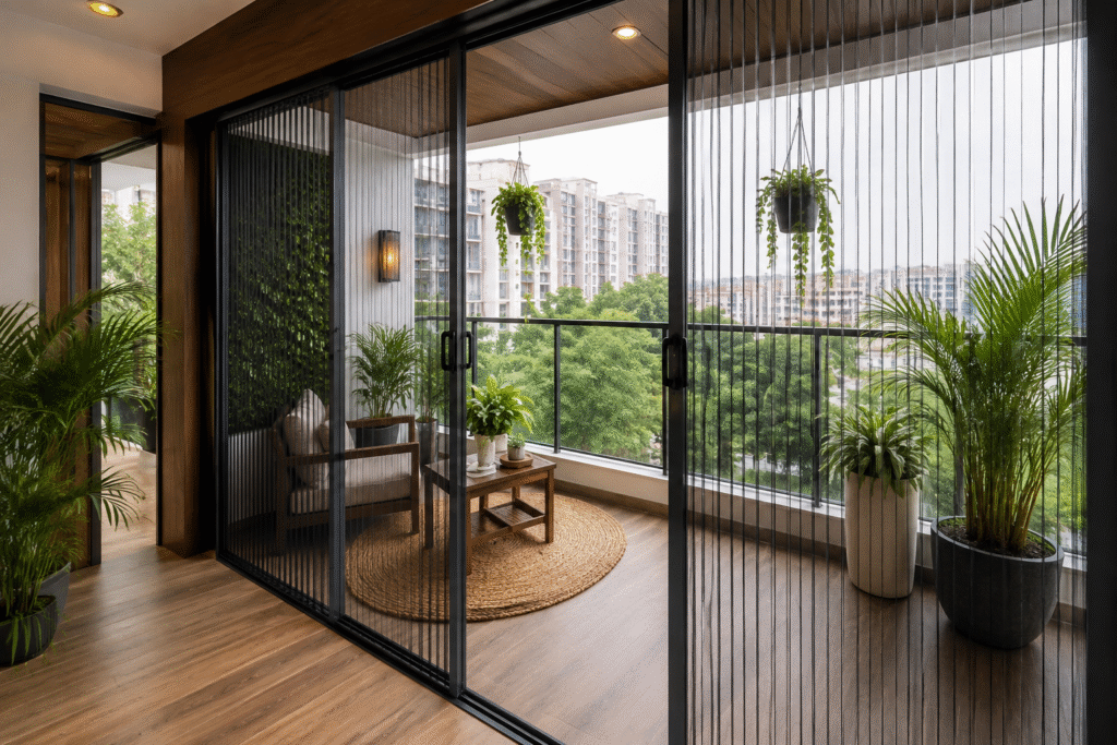 Mosquito Mesh for Balcony with sliding pleated screen, greenery, and modern outdoor seating area