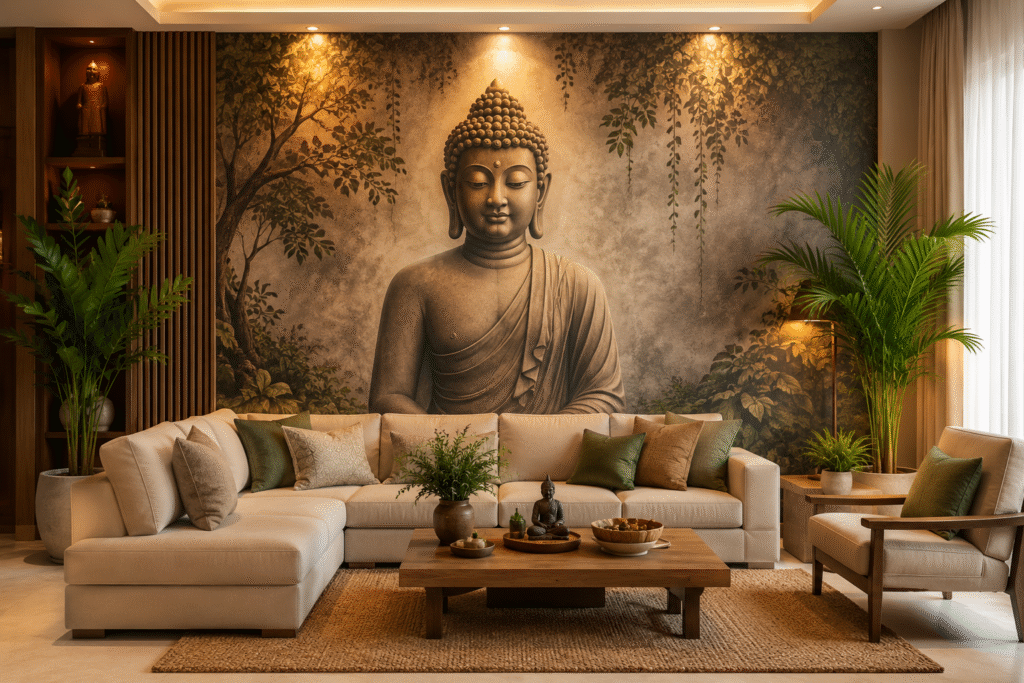 Buddha Art for Living Room with indoor plants, warm lighting, wooden accents, and elegant modern home décor.