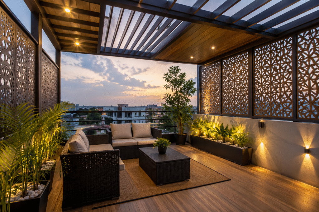 CNC Cutting Terrace Design with custom privacy screens, pergola, greenery, and outdoor seating in a modern rooftop terrace.