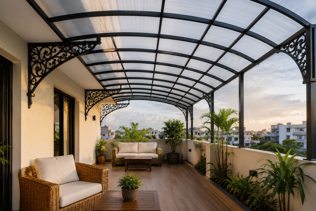 Polycarbonate Roofing Hyderabad with a modern curved terrace canopy, metal framework, and clear roofing sheet for stylish outdoor protection.