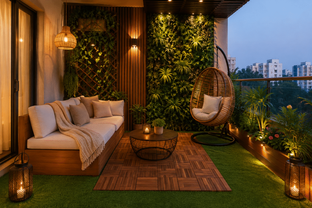Luxury Balcony Design featuring elegant seating, greenery, and modern outdoor décor