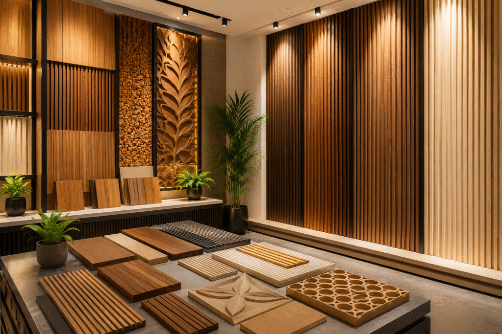 Fluted Wall Cladding Hyderabad featuring premium wooden wall panels, textured fluted design, and luxury interior wall finishing.