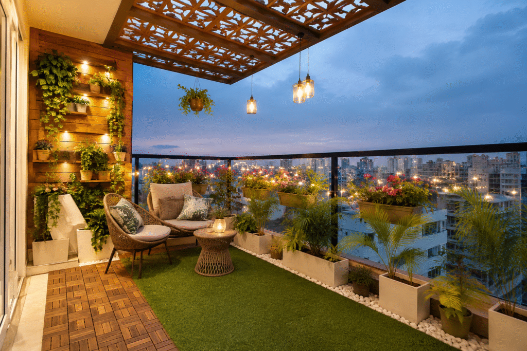 Luxury apartment balcony showcasing Balcony Makeover Ideas Hyderabad with modern seating and greenery