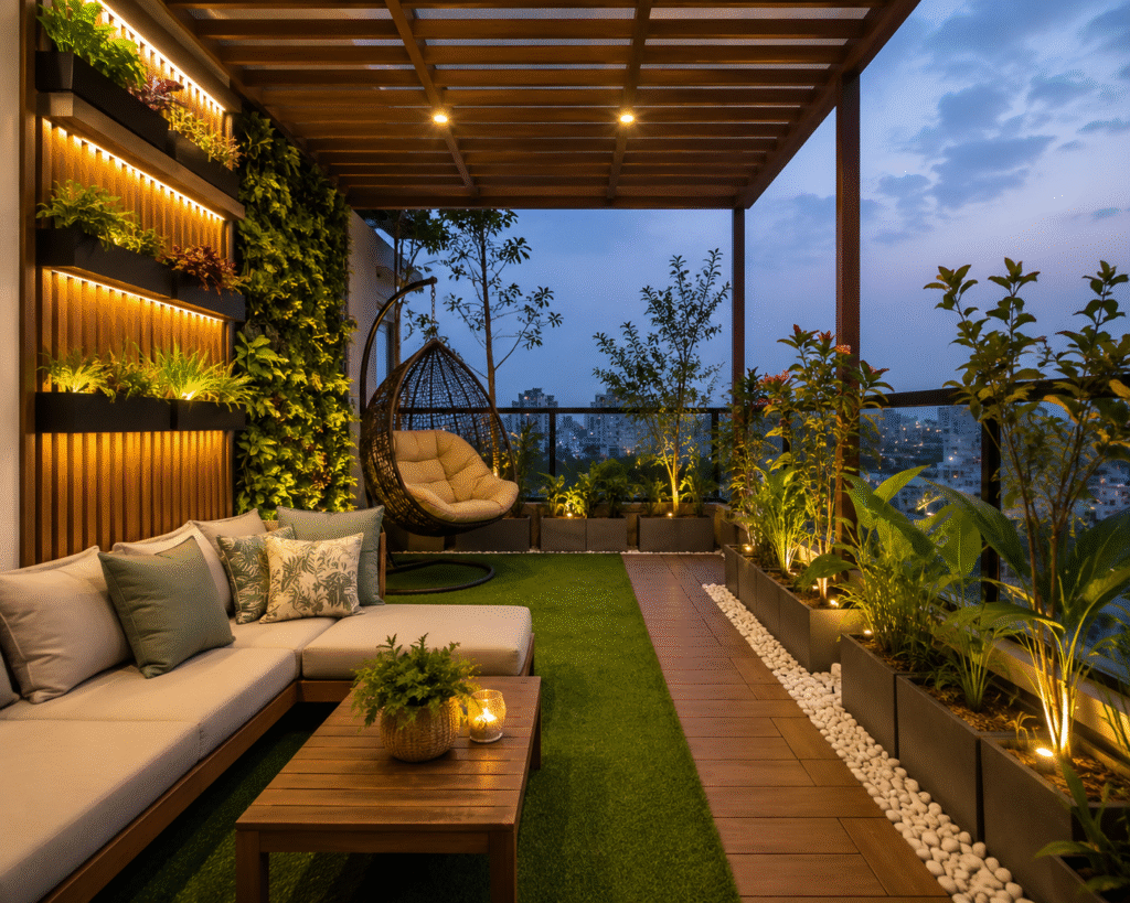 Low Maintenance Outdoor Living Space with modern seating, greenery, pergola, and decking