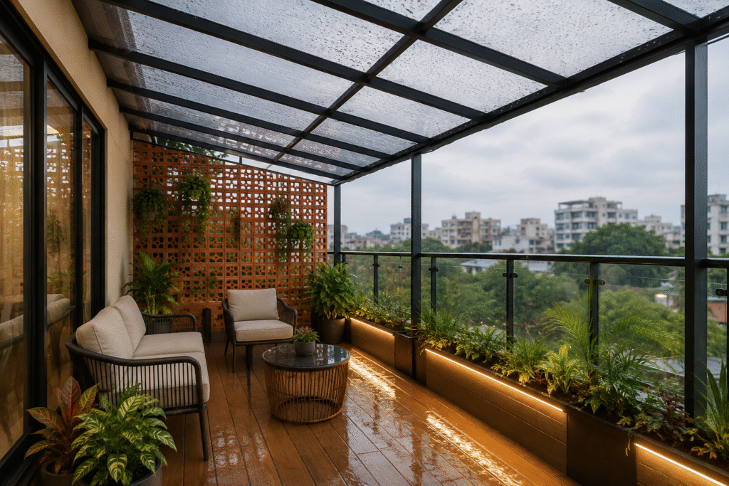 Balcony Rain Protection with polycarbonate roof, modern seating, and natural light