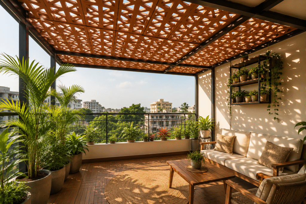 Terracotta Jali Roof Benefits showcased in a modern balcony with stylish outdoor seating and natural ventilation